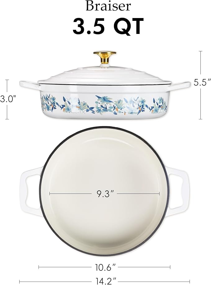 CAROTE 3.5QT Enameled Cast Iron Braiser Pan, Shallow Floral Dutch Oven Casserole Skillets, Non-Toxic Cast Iron Pot with Lid for Baking, Dual Handles, All Stovetop Compatible, White & Blue