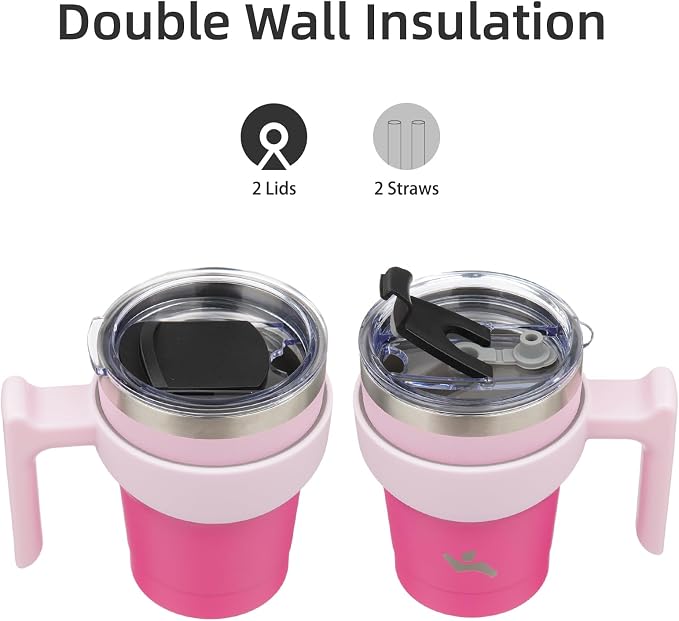 Konokyo 10 oz Tumbler with Handle and Straw, Insulated Travel Mug | Cherry; BPA-free, leak-proof tumbler with 2 lids, 2 straws, cup holder fit for coffee, office, travel & daily use