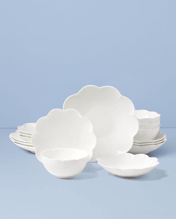 Lenox Studio 1414 Scallop Bone China 16-Piece Dinnerware Set for 4 | dishwasher safe | plates and bowls sets for kitchen and dining | 10.71 inch plate, dish set, dishes, chip resistant