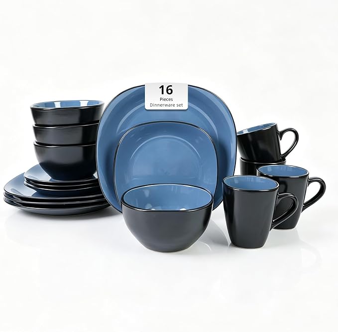 HomeVss, Stoneware Square 16pc Dinnerware Set, Inside Shiny Blue + Outside Matte Black