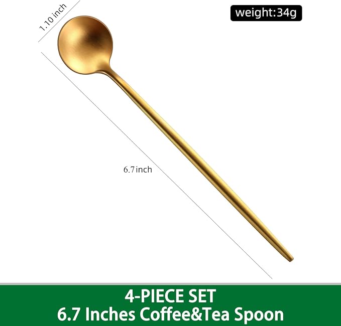 DEHOV Satin Gold 6.7 Inches Coffee Spoon,4 Pieces Stainless Steel 18/10 Tea Spoons Set,Solid Round Handle Coffee Stirring Spoon,Durable Dishwasher Safe Long Handle Ice Cream Spoons,Teaspoon