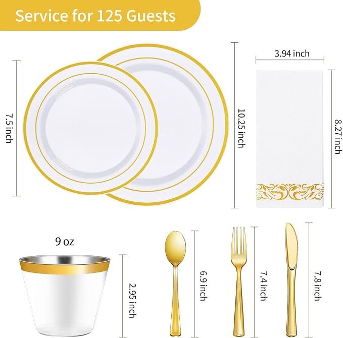 875 Piece Gold Dinnerware Set for 125 Guests, Bulk Dinnerware | Include: 125 Gold Rim Dinner Plates, 125 Dessert Plates, 125 Paper Napkins, 125 Cups, 125 Plastic Silverware Sets for Party