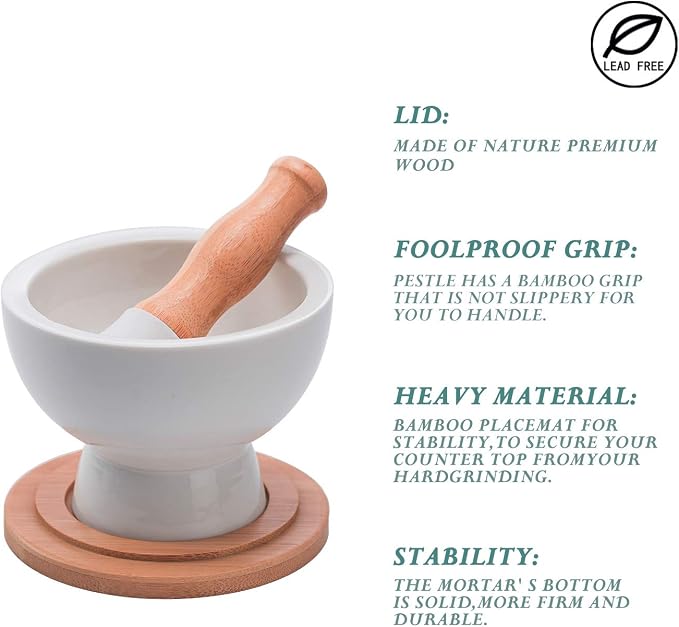E-liu Porcelain Mortar and Pestle Set with Lid, Functional for Grinding | Pill Crusher, Spice Grinder, Herb Bowl, Pesto Powder with Anti-Slip Base and Grip – Molcajete for Seasoning, Paste
