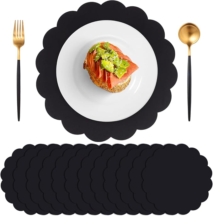 60 Pcs Black Paper Placemats, 13.5 Inch Disposable Scalloped Placemat | Round Table Place Mats Decorative Paper for Birthday Party Graduation Celebration Wedding Banquet Bridal Shower Party