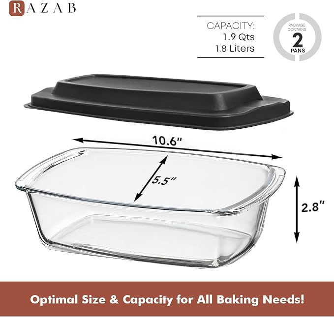 Razab LARGE 7.6 Cups/1800 ML/1.9 Qt Glass Loaf Pan with Lids (Set of 2) - Meatloaf Pan BPA free Airtight Lids Grip Handle Easy Carry, Microwave and Oven Safe - Loaf Pans For Baking Bread, Cakes