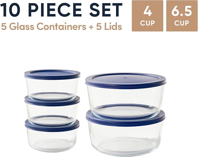 10-Piece Glass Food Storage Containers Set (5 Containers + 5 BPA-Free Lids) | 4-Cup & 6.5-Cup, Leakproof | Microwave, Freezer, Oven & Dishwasher Safe | Ideal for Meal Prep & Pantry Organization, Blue