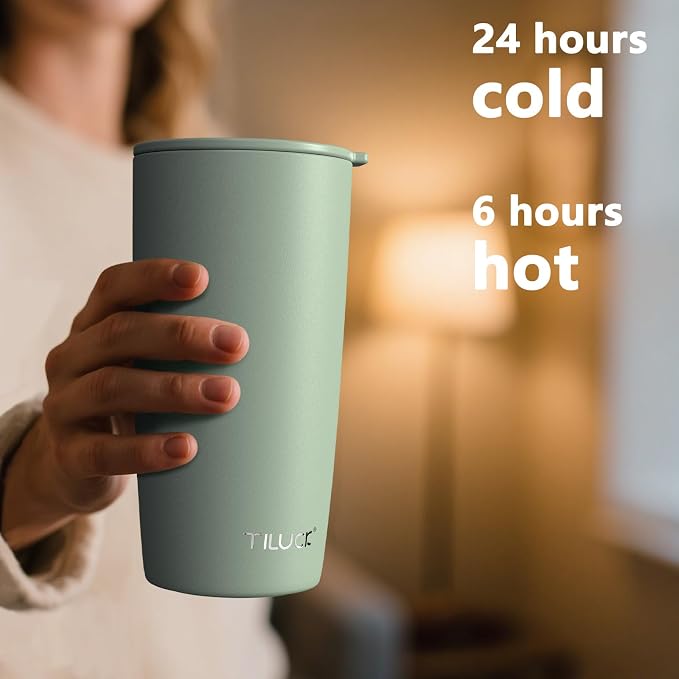 TILUCK 20 oz Insulated Coffee Tumbler with BPA-Free Lid | Travel Coffee Mug, Dishwasher Safe, Cup Holder Friendly, Double-Wall Vacuum Insulation for Hot & Cold Drinks,Matte MintGreen