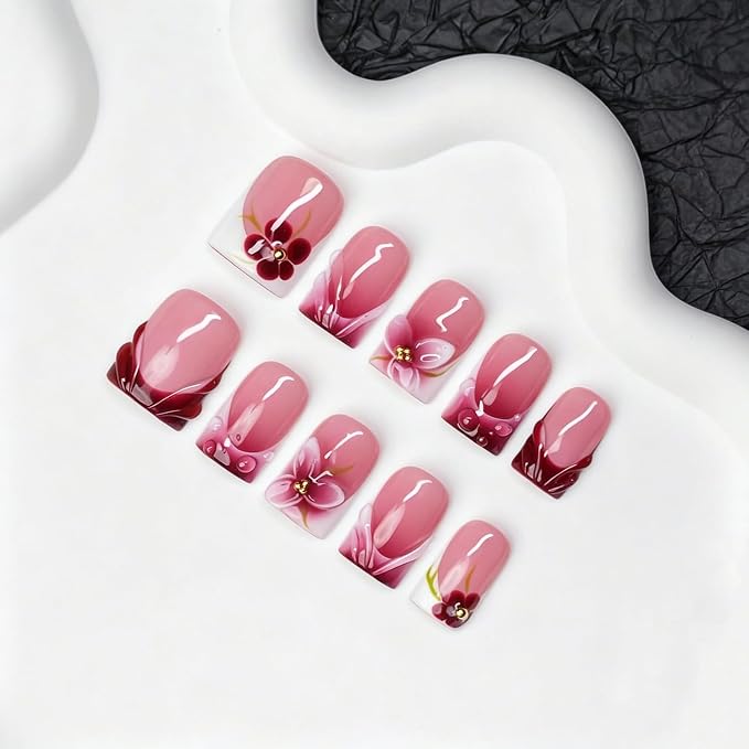 Handmade Press on Nails Gradient French Tip Short Square Acrylic Nails 10pcs Soft Gel Fake Nail Kit with Flower Designs Salon-Quality Muti-Layer Gel Hand Made Press on Nails for Women（M)
