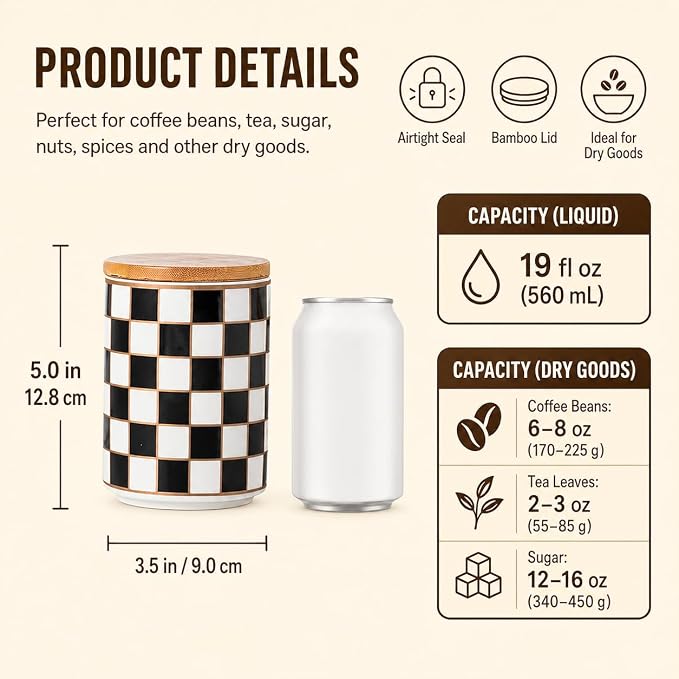 Kitchen Countertop Ceramic Checkered Canisters,Black And White Food Storage Containers With Lid,Airtight Kitchen Canisters for Flour, Sugar, Coffee, Tea, and Dry Goods (Black, Small)