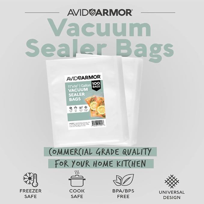 Avid Armor Food Vacuum Sealer Bags – 100-Pack, 11x16” Gallon Freezer Bags | Clear Food Storage Bags with Deep Embossed Airtight Suction – Heat Resistant, Non-BPA Meal Prep Bags with Easy Tear Notch