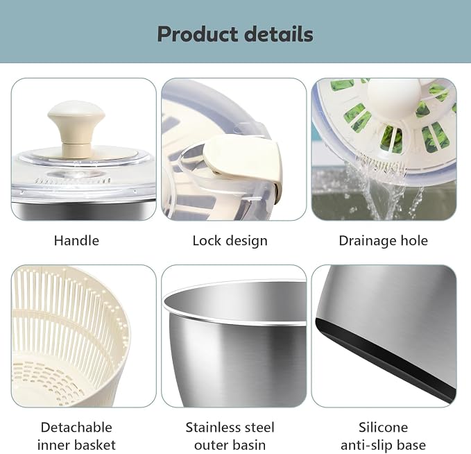Salad Spinner Drainable Quick Spin Fruit Vegetable Dryer | 5.3 quart large capacity stainless steel multifunctional colander washer with drain outlet to clean fruits quickly