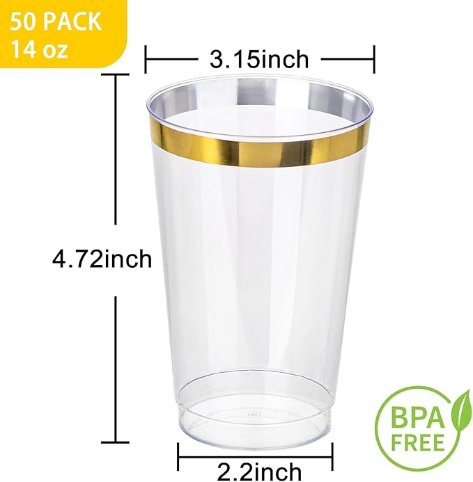 I00000 50 Pack 14 oz Gold Plastic Cups, Gold Disposable Cups Tumblers, Disposable Plastic Wine Glasses Cocktail Glasses Perfect for Wedding & Parties
