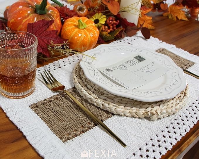 Boho Placemats Set of 6, Macrame Table Mats Farmhouse Dining Decor | 12x20" Woven Burlap Place Mat with Tassel for Kitchen and Dining Table Centerpiece Home Decorations Rustic Boho Kitchen Decor