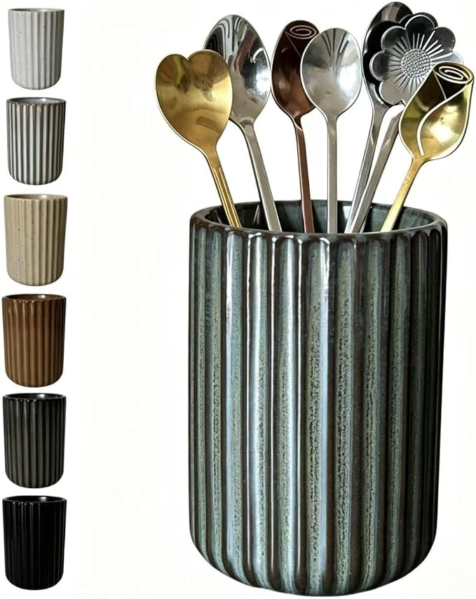 TOPYOKK Stoneware Coffee Bar Utensil Holder Tea & Coffee Spoon & Stirrer Holder for Stir Stick Straw Teaspoon Holder Espresso Spoon Cup Small Utensil Jar Fluted Vertical Stripe (Retro Bronze)
