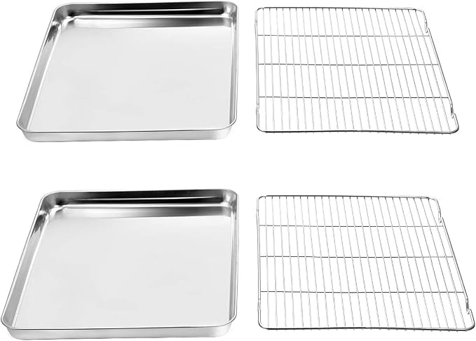 Wildone Baking Sheet & Rack Set [2 Sheets + 2 Racks], Stainless Steel Cookie Pan with Cooling Rack, Size 17.3 x 12.2 x 1 Inch, Non Toxic & Heavy Duty & Easy Clean