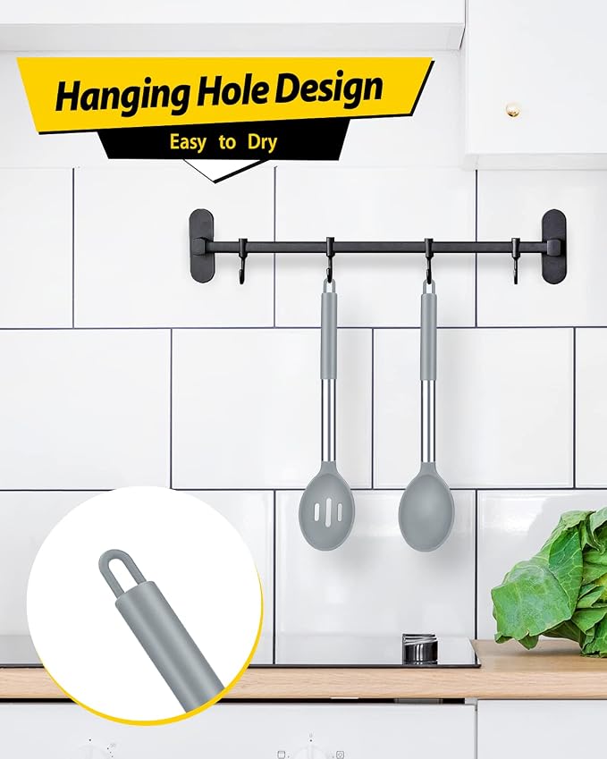 BUNDLEPRO Silicone Cooking Spoons for Non Stick Cookware, 2 Pack, Grey | Heat Resistant, Large Kitchen Spoons for Mixing, Serving, Draining, Stirring