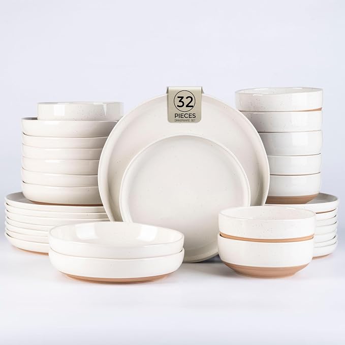 AmorArc Dinnerware Sets for 8, 32 Pieces Ceramic Plates and Bowls Set | Scratch Resistant Stoneware Dishes Set, Dishwasher & Microwave Safe, Light Beige
