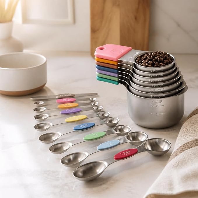 16Pcs 304 Stainless Steel Measuring Cups Spoons Set Color Silicone Handle Magnetic Stackable Baking Measuring Tools