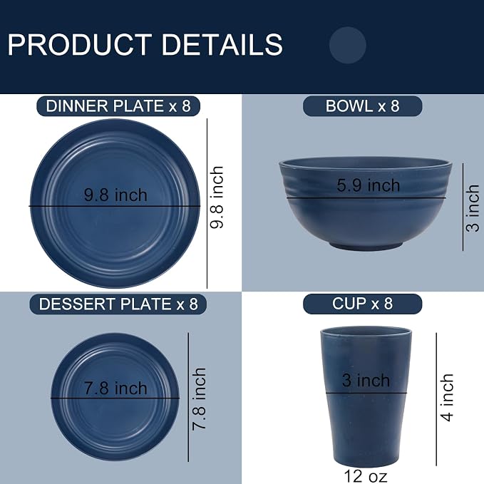 32PCS Blue Wheat Straw Dinnerware Sets for 8 Camper Plates | Unbreakable Midnight Blue Wheat straw Tableware Set,Lightweight Reusable Plastic Dishes for Camping,Party and Everyday Meals