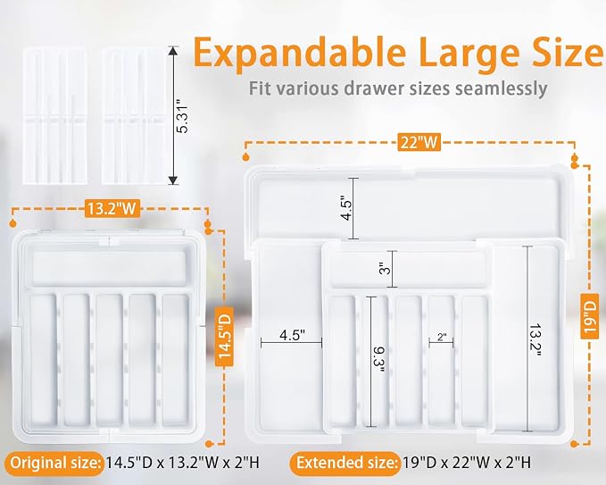 Silverware Organizer for Kitchen Drawer, Expandable Utensil Drawer Organizer with 2 Knife Block, Flatware and Cutlery Holder, Adjustable Plastic Storage for Spoons Forks Knives