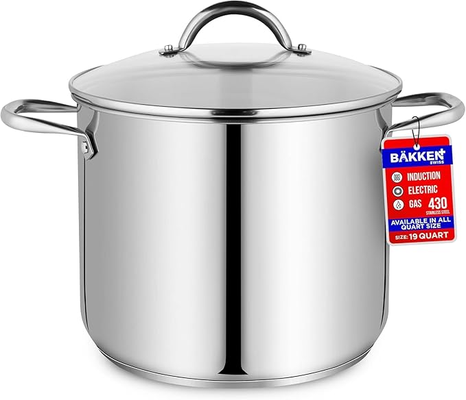 Stainless Steel Stockpot with Tempered Glass Lid 19 Quart, Durable 18/0 Stainless Steel, Impact-Bonded Base for Even Heating, Riveted Handles, Oven & All Stove Compatible, Safe Up To 500°F (260°C)