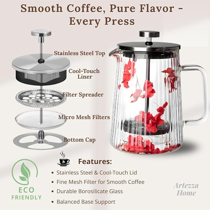 Glass French Press Coffee Maker, Heat Resistant Borosilicate Glass (22oz Red Floral)