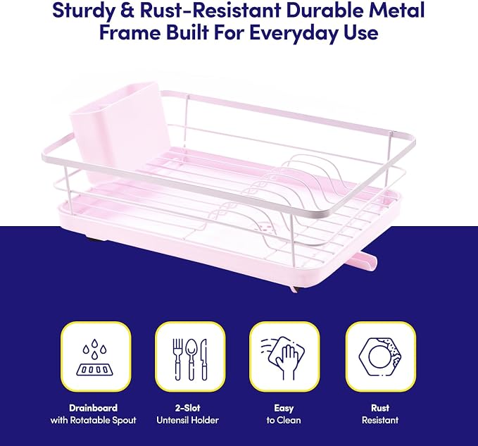 Dish Drying Rack 3 Piece Dish Drainer with Drainboard Set for Kitchen Counter – Dish Rack with Removable Utensil Holder & Swivel Spout for Countertop – DishRack for Plates, Cups & More, Pale Pink