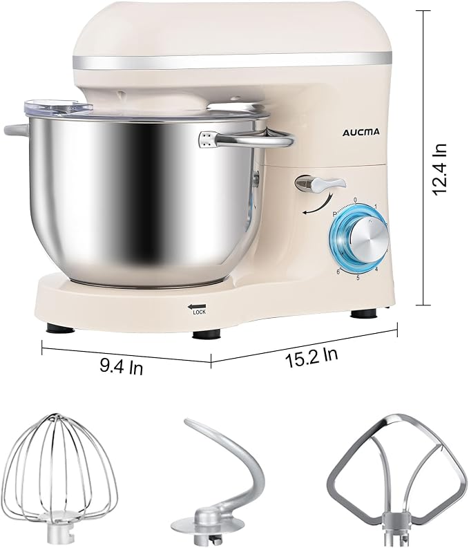 Aucma Stand Mixer,6.5-QT 660W 6-Speed Tilt-Head Food Mixer, Kitchen Electric Mixer with Dough Hook, Wire Whip & Beater (Almond Cream, 6.5QT)