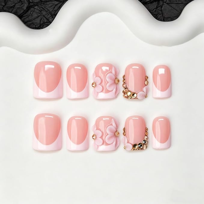 10pcs Press on Nails Flowers Handmade White French Tip Fake Nails with 3D Flower & Gold Rhinestone Designs Short Square Muti-Layer Gel Acrylic Nail Full Cover Thick Stick on Nails for Women (S)