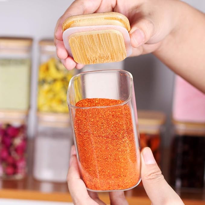 Tzerotone 10 Pcs Glass Spice Jars - 8oz Empty Square Spice Storage Containers With Bamboo Airtight Lid and Labels - Thicken Small Glass canister for Kitchen Seasoning,Coffee Bean,Tea,Suger,Herbs