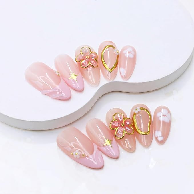 Handmade Press on Nails Medium Almond Fake Nails with 3D Gold Embossed & Flower Design Salon Quality Thickened Acrylic False Nail Full Cover Pink French Tips Stick on Nail for Women（Size S）