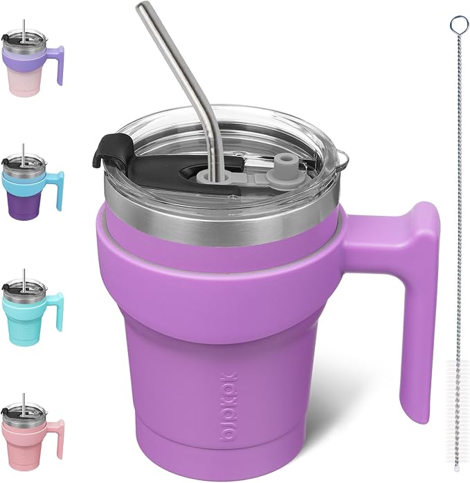 BJPKPK 10 oz Mini Tumbler with Lid, Straw & Handle, Insulated Steel Cup | Small, Spill Proof, Leak Proof, Thermal, Double Wall Vacuum, Sweatproof, Dishwasher Safe, BPA Free, Lavender