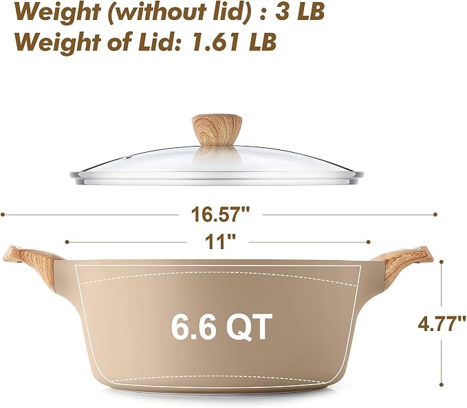 SENSARTE Ceramic Nonstick Stock Pot with Lid, 2.6/4.5/6.6/8.5/11 QT Soup Pot Casserole Pot, Non-toxic Healthy Pasta Pot, Large Cooking Pot Stew Pot, Induction Compatible, PFOA PFAS PTFE Free, Taupe