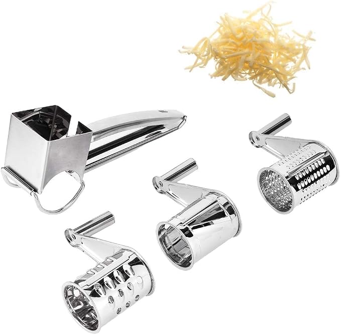 Rotary Cheese Grater, Hand Crank Cheese Grater Stainless Steel Cheese Cutter Slicer Cheese Shredder with 3 Drum Blades Cheese Shredder Handheld for Kitchen