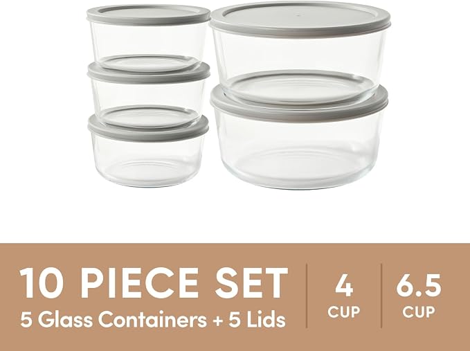 10-Piece Glass Food Storage Containers Set (5 Containers + 5 BPA-Free Lids) | 4-Cup & 6.5-Cup, Leakproof | Microwave, Freezer, Oven & Dishwasher Safe | Ideal for Meal Prep & Pantry Organization, Grey