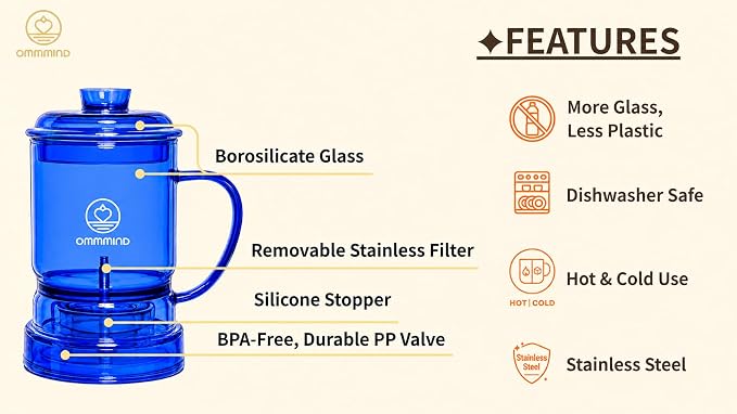 Glass Tea Infuser, Easy Drain for Loose Leaf, 15.2 oz, Ocean Blue | Fits rims under 3.15 in; set on mug to drain, lift to stop, helps limit bitterness. Dishwasher safe, tea bags, herbs, coffee