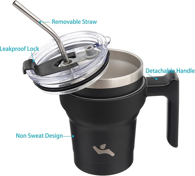 Konokyo 10 oz Tumbler with Handle and Straw, Insulated Travel Mug | Black; BPA-free, leak-proof tumbler with 2 lids, 2 straws, cup holder fit for coffee, office, travel & daily use