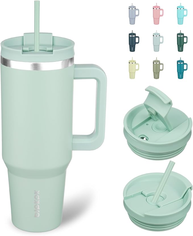 BJPKPK 40 oz Insulated Tumbler with Handle & Straw, Stainless Steel | Double Wall Vacuum Insulation, Leak Proof, BPA Free, Dishwasher Safe, Cupholder Friendly, Travel & Outdoor, Pistachio Green