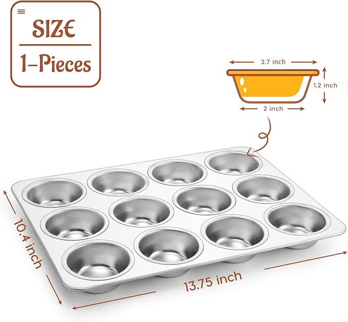 P&P CHEF 12-Cup Muffin Pan Tin, Stainless Steel Cupcake Pan, 1Pc | Muffin Tin for Oven Baking, Dishwasher Safe, Non-Toxic, Standard Size, Ideal for Homemade Muffin Cup Cake Tart Quiche