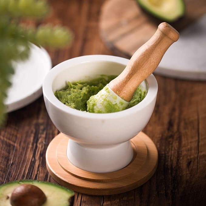 E-liu Porcelain Mortar and Pestle Set with Lid, Functional for Grinding | Pill Crusher, Spice Grinder, Herb Bowl, Pesto Powder with Anti-Slip Base and Grip – Molcajete for Seasoning, Paste