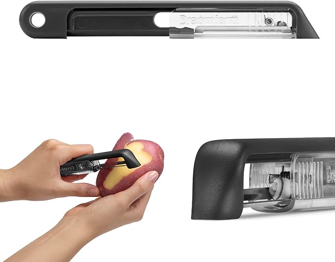 Dreamfarm Sharple Self-Sharpening Vegetable Peeler - Black | Ceramic sharpener in safety cover automatically hones stainless steel swivel blade, suitable for left & right handed use