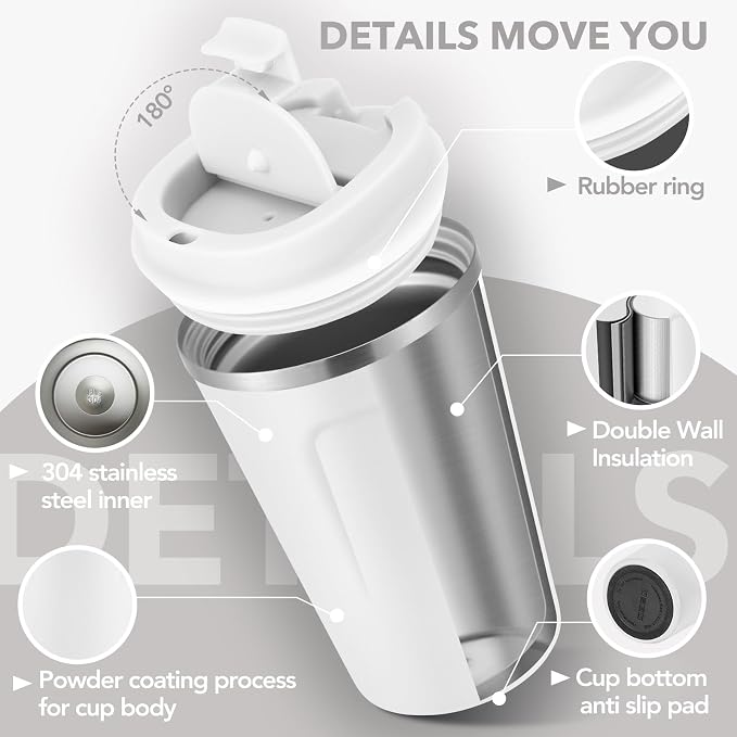 Volhoply 12 oz Double Wall Insulated Vacuum Travel Coffee Mug with Flip Lid Bulk 8 Pack,Reusable Stainless Steel Leak Proof Coffee Cup,Portable Cafe Thermal Tumblers for Hot & Cold Drinks(White,8 Set)