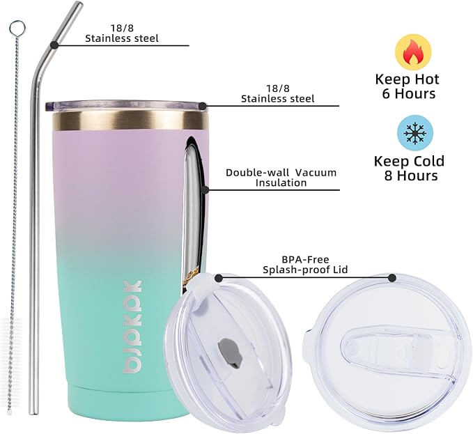 BJPKPK 20 oz Coffee Tumbler with Lid & Straw, Insulated Stainless Steel Mug | Double Wall Vacuum, Keeps Hot/Cold, BPA Free, Leak Proof, Iced Coffee Cup Fit Car Holder, Travel & Beach, Lavender Green