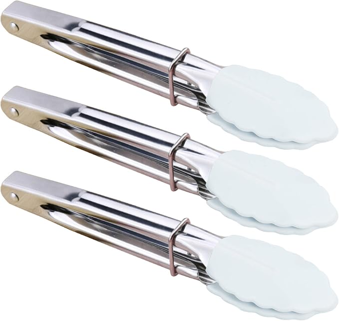 HINMAY 7-Inch Small Serving Tongs with Silicone Tips, Set of 3 (White) | 7-Inch Mini Tongs