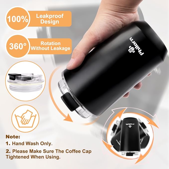 PHILORN Travel Mug Spill Proof - 12 OZ Insulated Coffee Cup With Lid | Black Stainless Steel Coffee Mug with Double Wall, For Hot and Cold Drinks