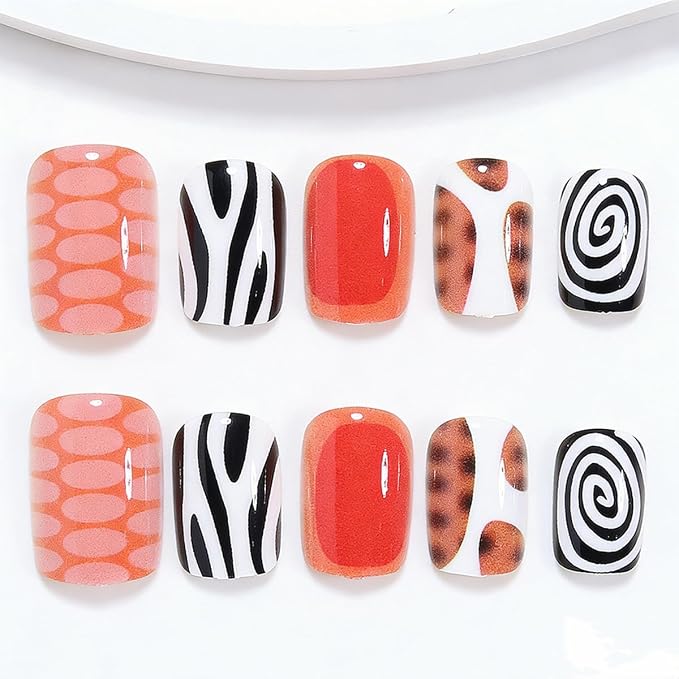 24Pcs Summer Press on Nails Short Square Fake Nails Orange False Nails Press ons Nail Kit with Swirl Striped Leopard Print Design Glossy Glue on Nails Full Cover Stick on Nail for Women Manicure