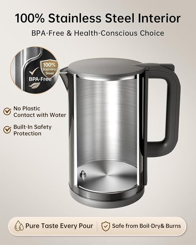 1.7L Stainless Steel Electric Kettle with Temperature Control, Matte Black | 5 Preset Temperatures for Tea & Pour Over Coffee, 2H Keep Warm, 1200W BOIL Mode, 304 Stainless Steel Interior, Cordless Base