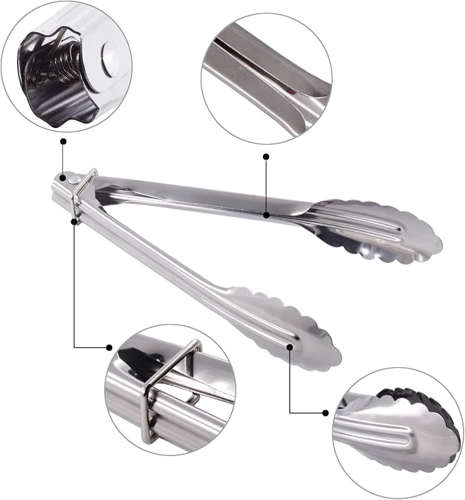 HINMAY Mini Stainless Steel Food Tongs with Silding Rings 7-Inch, Set of 6 | Small Clam Shell Service Tongs for Serving Appetizers, Desserts, Salads, Barbecue and Cooking (Silver)