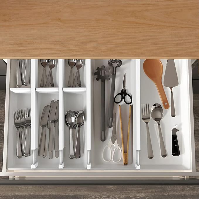 Bamboo Drawer Dividers Organizers, Expandable Drawer Separators Splitter,17-22 inches Long Adjustable Spring-loaded Organizer for Large Utensil, Clothes, Tools Drawers (White)
