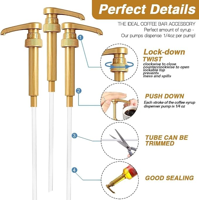 20 Pcs Gold Coffee Syrup Pump Compatible with 25.4Oz/750ml Bottles | Syrup Dispenser Pumps, Great for Home & Coffee Bar, Drinking Mixes, Tea, Beverage, Cocktails, Syrup Bottles, Plus Spoons